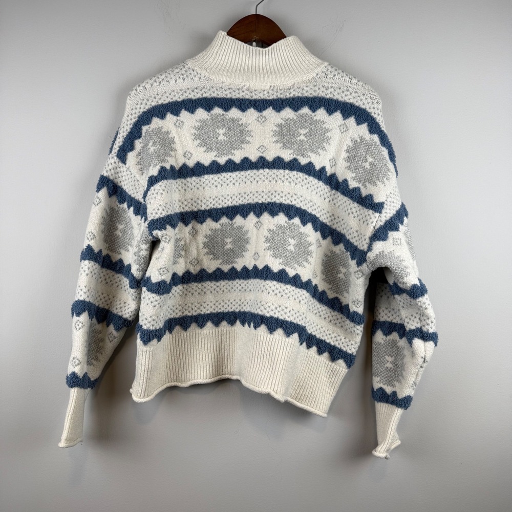 Nordic Fair Isle Mock Neck Sweater Women Petite L Cream Blue Ski Lodge Cabincore
